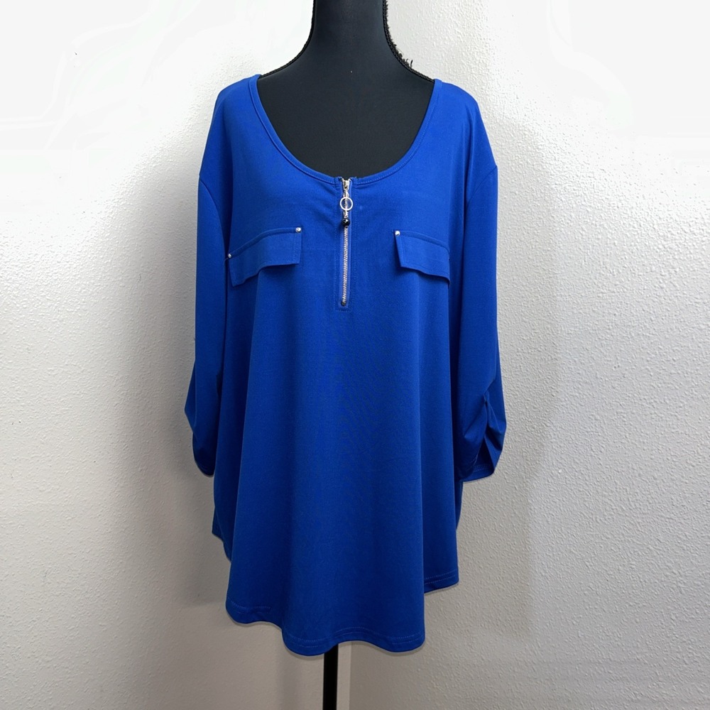 Roommates 3/4 Sleeve Blouse Women's 3X Blue 1/4 Zip Casual Artsy Pocket Boho